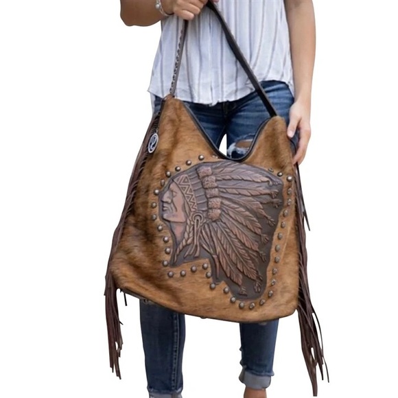 Raviani Handbags - NWT Raviani Genuine Leather Brown Cowhide Hobo Bag Fringe Native American